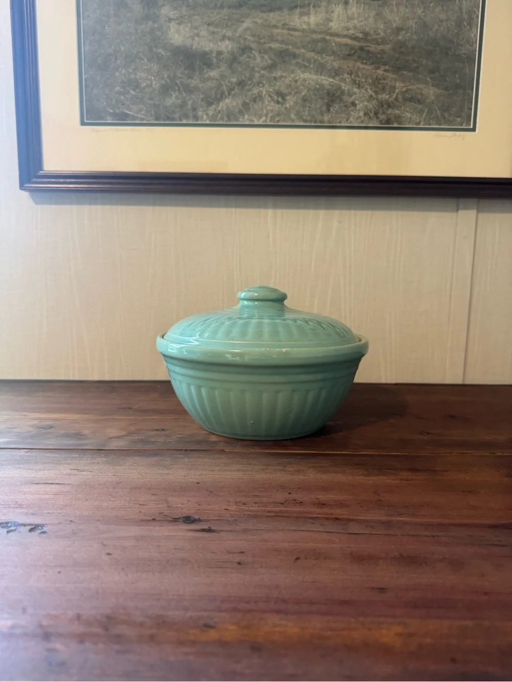 Vintage USA Pottery Aqua/Teal Stoneware Casserole Dish